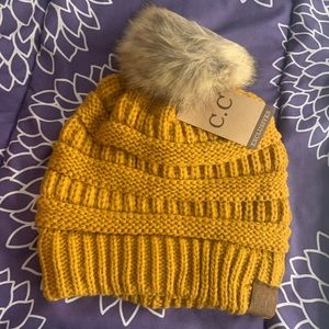 Mustard faux for Pom beanie.